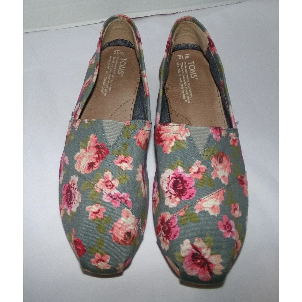 TOMS Womens Classic Alpargata Grey Pink Floral Canvas Slip On Shoes Size 10